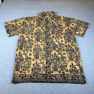 Vintage Bali Seroja Collection Shirt 3L/US L Batik Style‎ Short Slv Gold Black